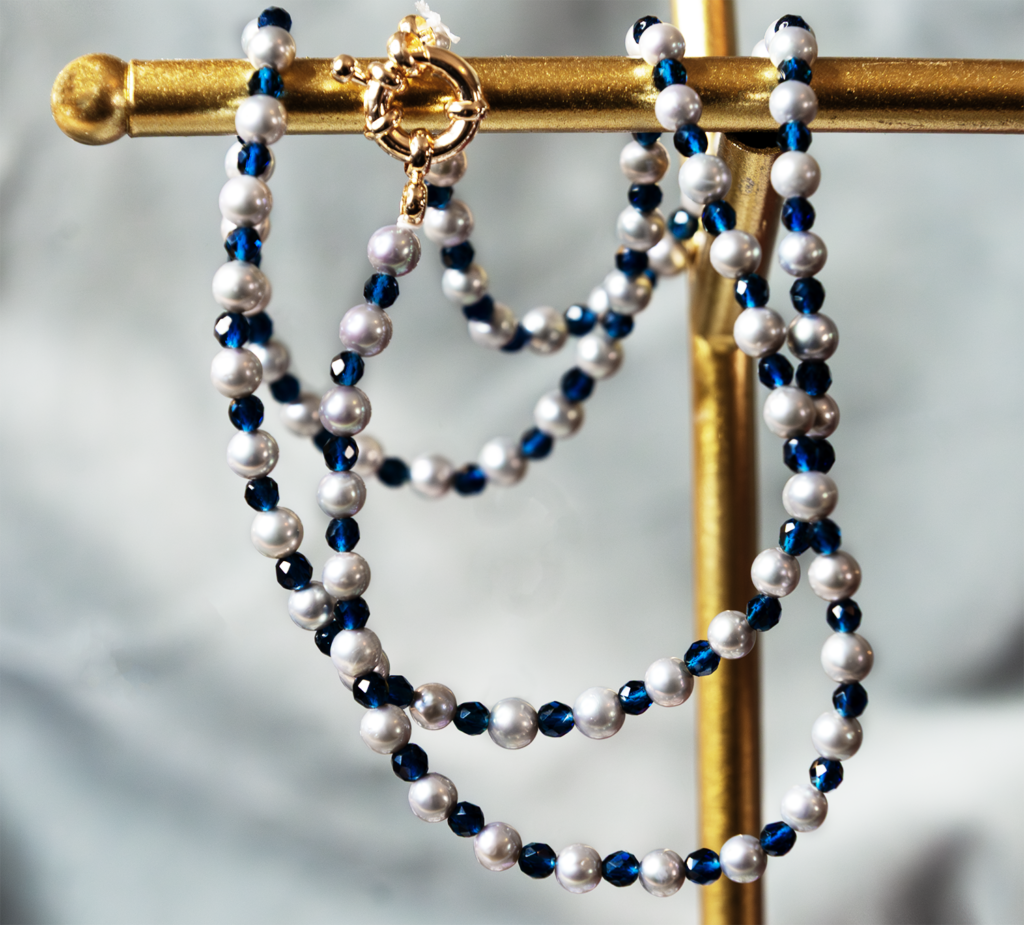 Top Luster Ocean Blue Akoya x Blue Stones Princess Necklace